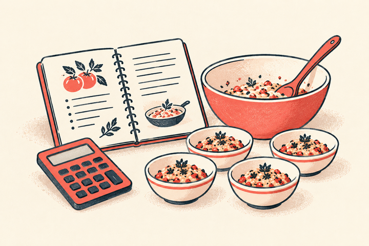 Recipe notebook, calculator, mixing bowl and four equal servings.