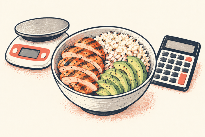 Homemade grain bowl with chicken, rice and avocado beside a scale and calculator.