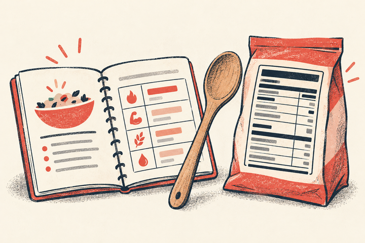 An open recipe nutrition summary beside a packaged-food nutrition label.