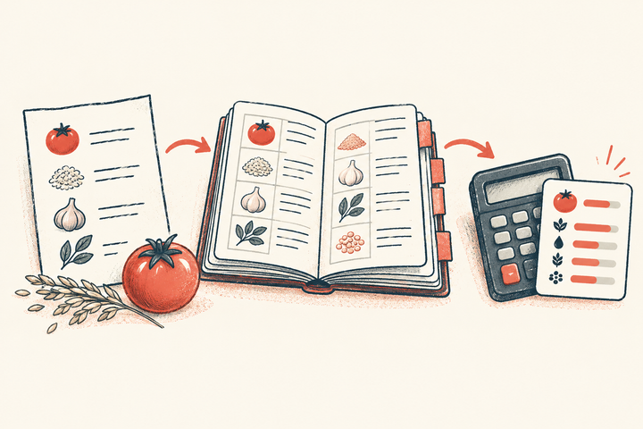 An ingredient note flows through food reference records to a calculator and nutrition summary.