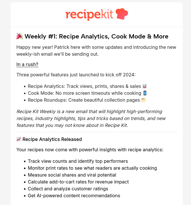 🎉 Weekly #1: Recipe Analytics, Cook Mode & Recipe Roundups