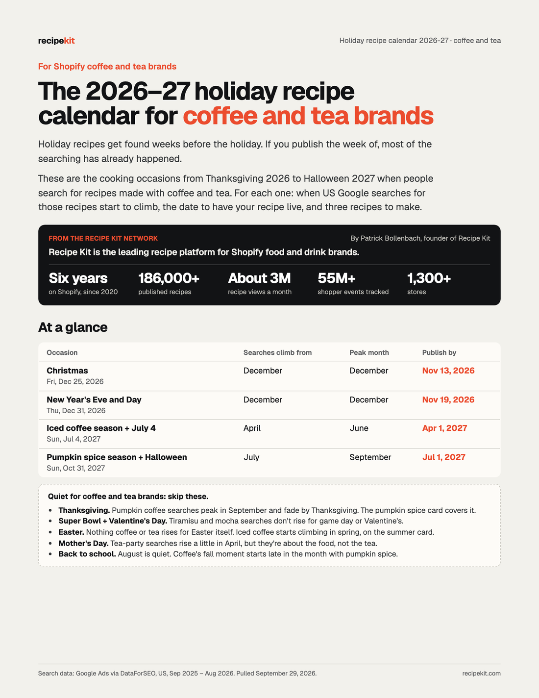 Cover of the 2026–27 holiday recipe calendar for coffee and tea brands: four occasions and five to skip