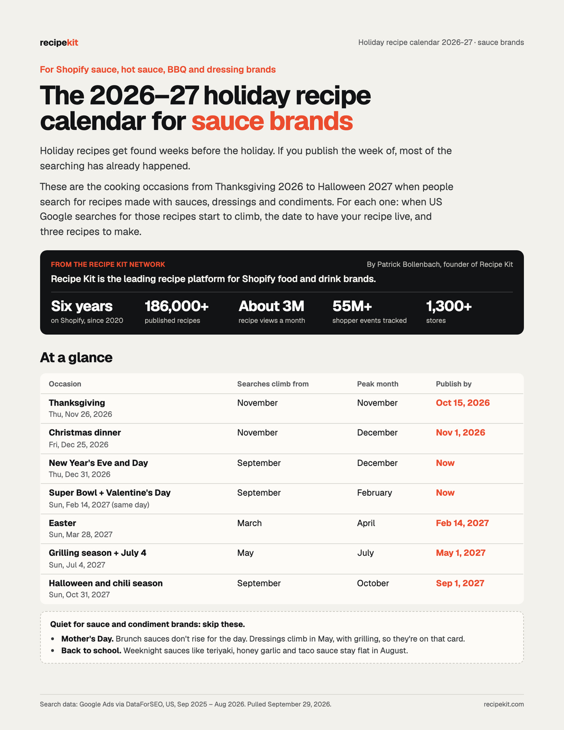 Cover of the 2026–27 holiday recipe calendar for sauce brands: seven occasions with publish-by dates