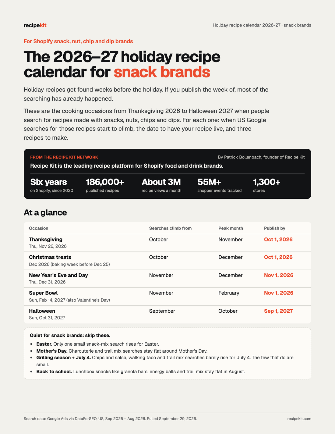 Cover of the 2026–27 holiday recipe calendar for snack brands: five occasions and four to skip