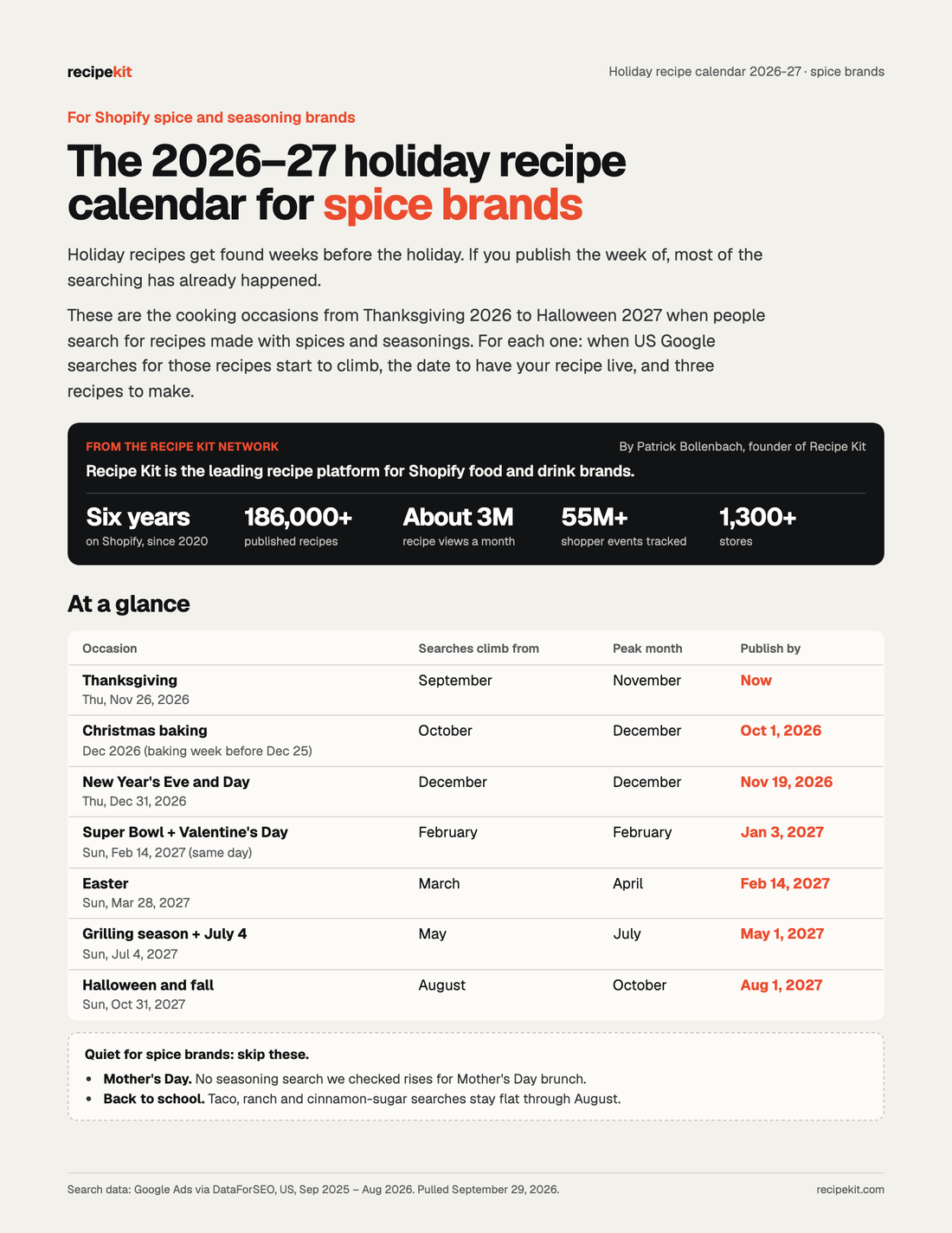 Cover of the 2026–27 holiday recipe calendar for spice brands: seven occasions with publish-by dates, two to skip