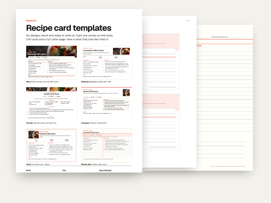 Pages from the printable recipe card pack